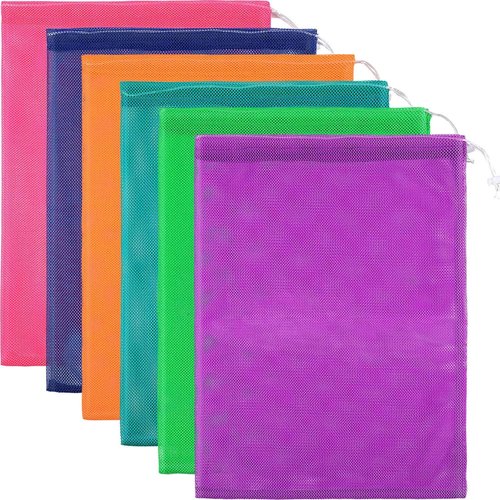 Frienda Mesh Stuff Sack Set - 6 Durable Nylon Drawstring Laundry Bags for Beach Toys & Travel | 11 x 15 Inch, Multicolor