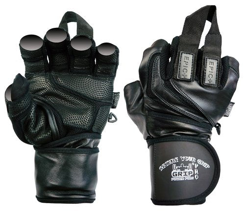 Epic Leather Gym Gloves with Built in 2" Wide Wrist Wraps Best Grip & Design for Weightlifting Power Lifting Bodybuilding & Strength Training Workout Exercises (Black, Small 7"- 7 1/2")