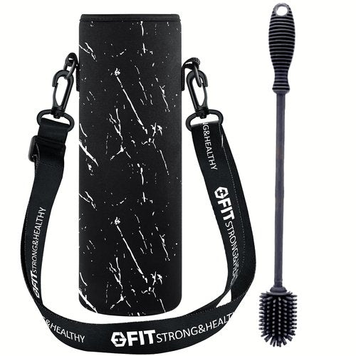 FIT Strong & Healthy Water Bottle Holder with Strap for Walking & Cleaning Brush Set - Insulated Water Bottle Carrier, Neoprene Sleeve with Adjustable Shoulder Strap & Silicone Brush (White Marble)