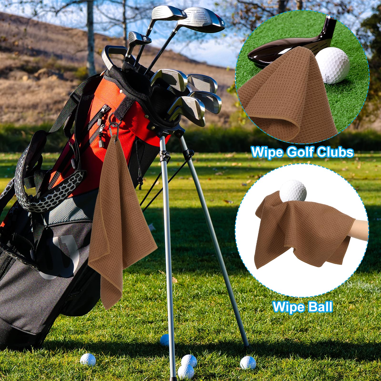 PATIKIL 12"x12" Tri-Fold Golf Towels, 3 Pack Waffle Pattern Towels Soft Fiber Strong Water Absorption with D Clip for Golf Lovers, Brown