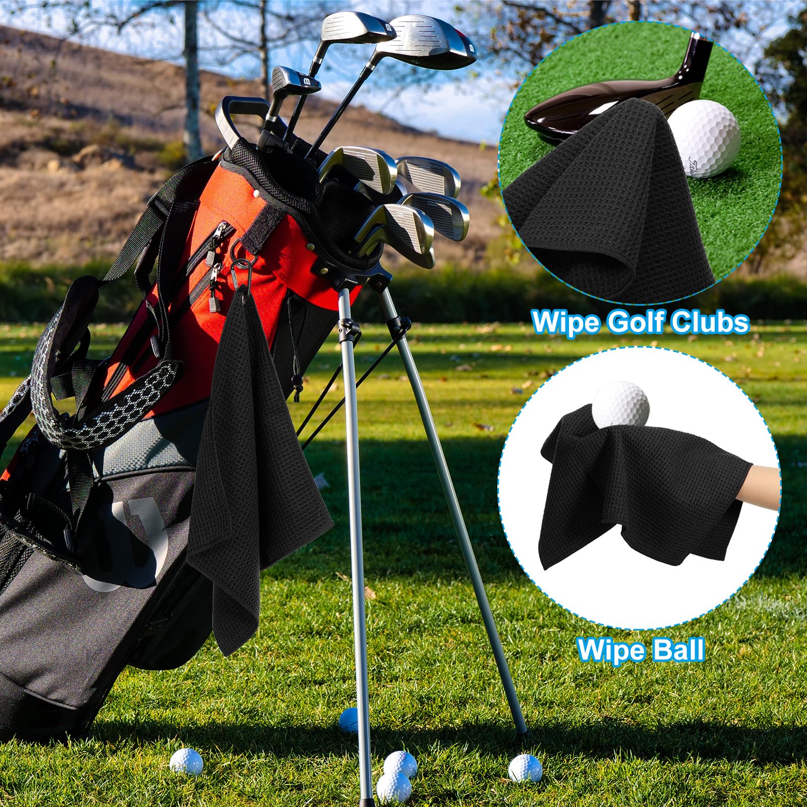 PATIKIL 12"x12" Tri-Fold Golf Towels, 2 Pack Waffle Pattern Towels Soft Fiber Strong Water Absorption with D Clip for Golf Lovers, Black