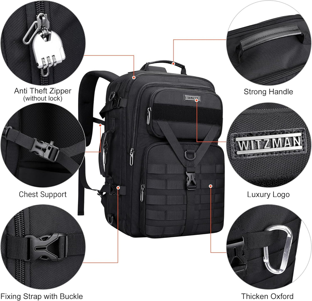 WITZMAN 45L Convertible Travel Backpack for Men - Airline Approved | Fits 17-Inch Laptop - Black