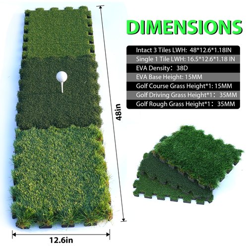 GAIARENA Tri-Turf Golf Hitting Mat Premium Indoor/Outdoor/Backyard Golfing Practice Mat for Home Golf Simulators, Thick EVA Foam Base & Tri-Turf Tiles Rough Driving Course Grass, Gift for Avid Golfers