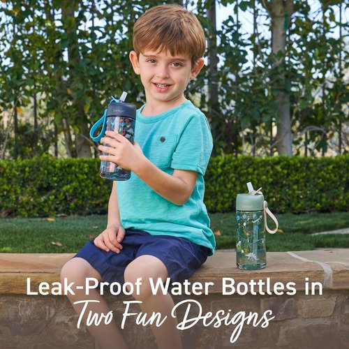 Bentgo Kids Water Bottle 2-Pack - Leak-Proof Tritan BPA-Free 15 oz Cups for Kids | Bite & Sip Spout, Dishwasher Safe (Dinosaur/Dino Fossils)