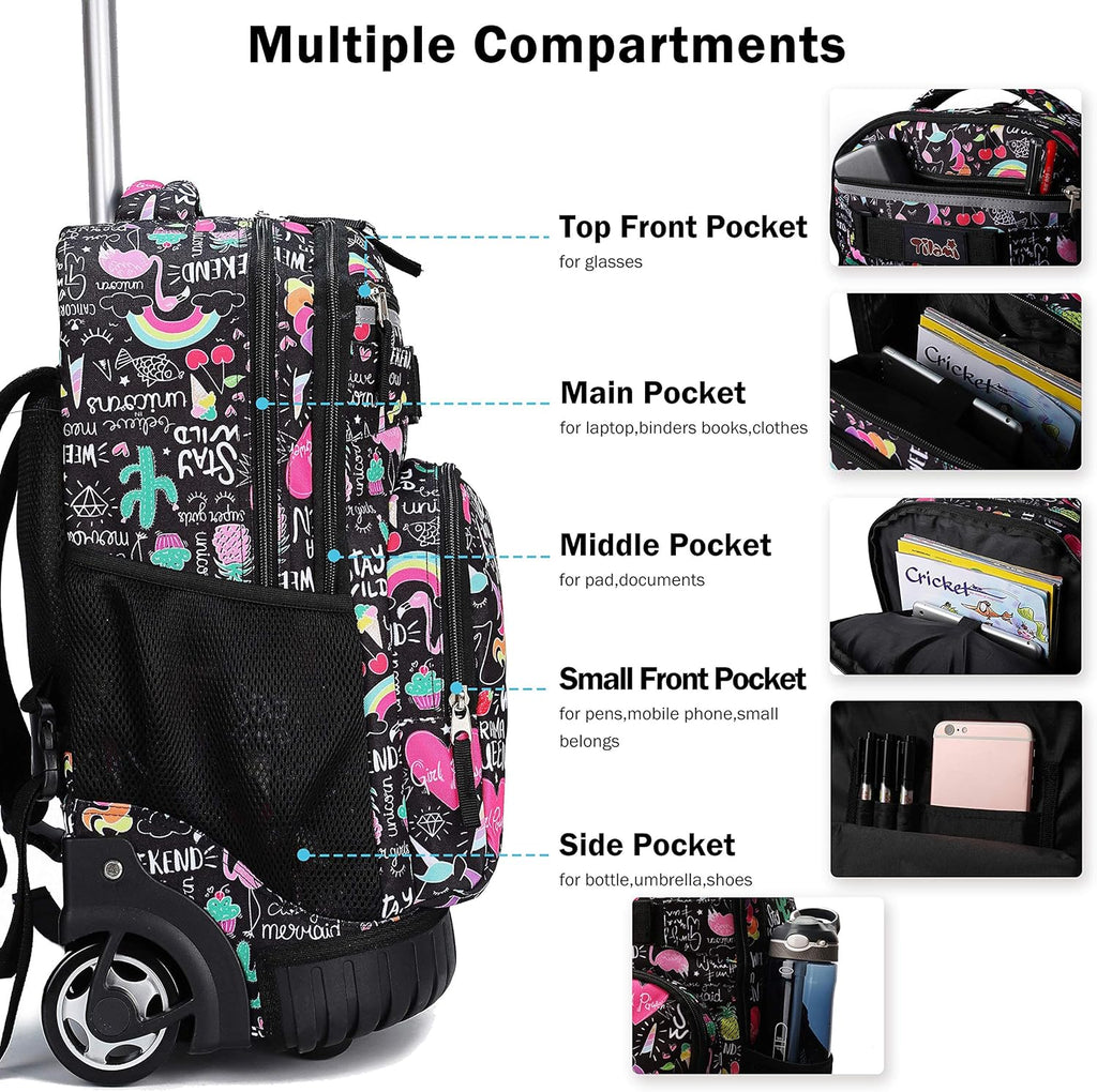 Tilami Rolling Backpack - 19 Inch Wheeled Laptop Bag with Lunch Bag | Insulated & Stylish