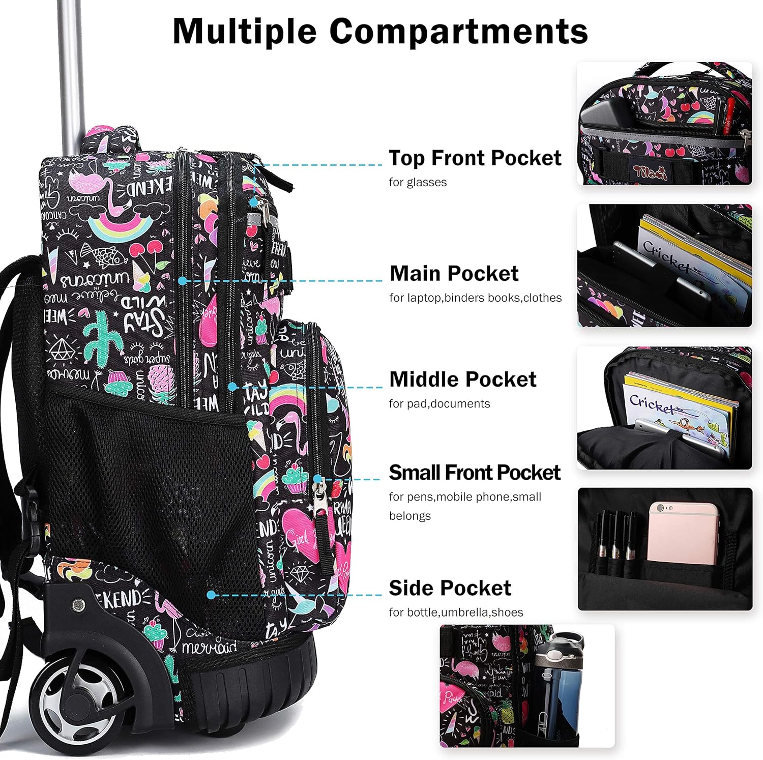 Tilami Rolling Backpack - 19 Inch Wheeled Laptop Bag with Lunch Bag | Insulated & Stylish