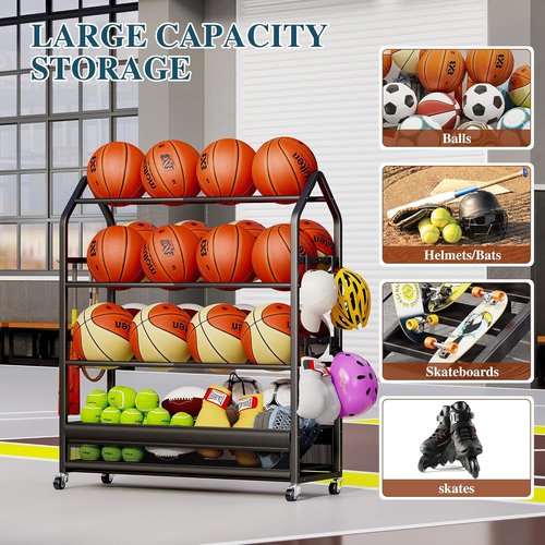 Homeiju Sports Equipment Organizer - Ball Storage Rack with Wheels & Hooks | Indoor/Outdoor Black Shelf