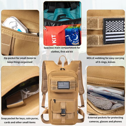 LASUK Hydration Backpack, Tactical Molle Water with 2L TPU Water Bladder, for Men Women Lightweight Water Backpack, Hydration Pack for Hiking, Biking, Climbing and Hunting, Khaki