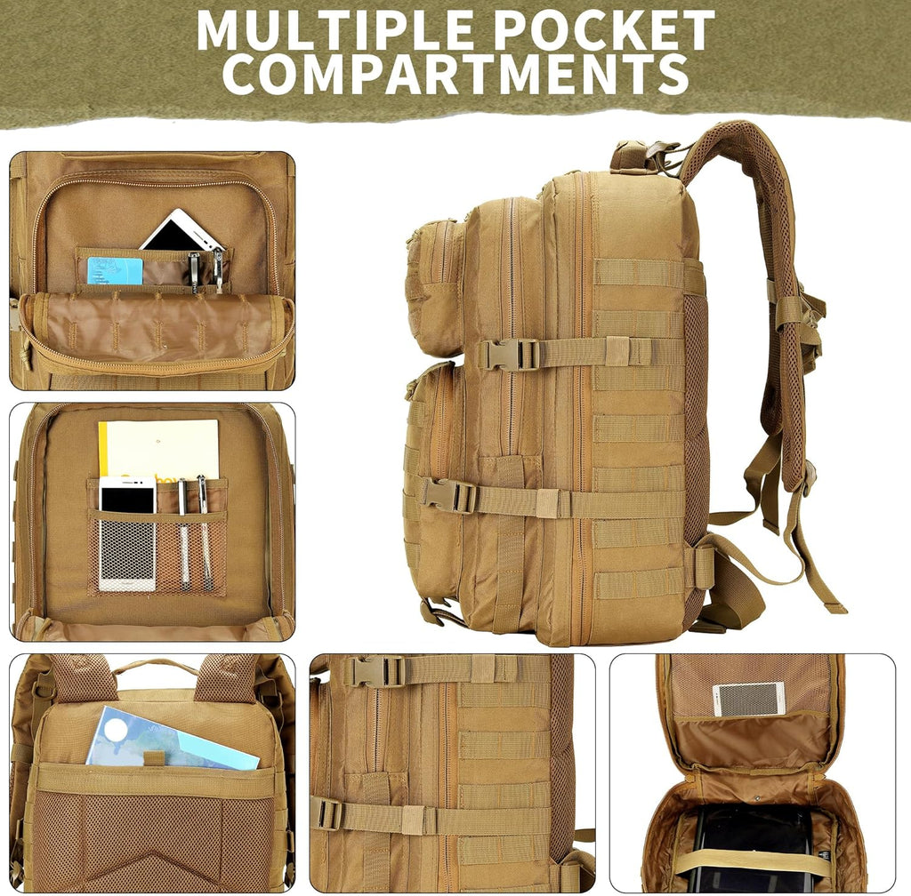Skiennix 45L Military Tactical Backpack - Durable 3-Day Assault Pack for Hiking & Fitness (Khaki)
