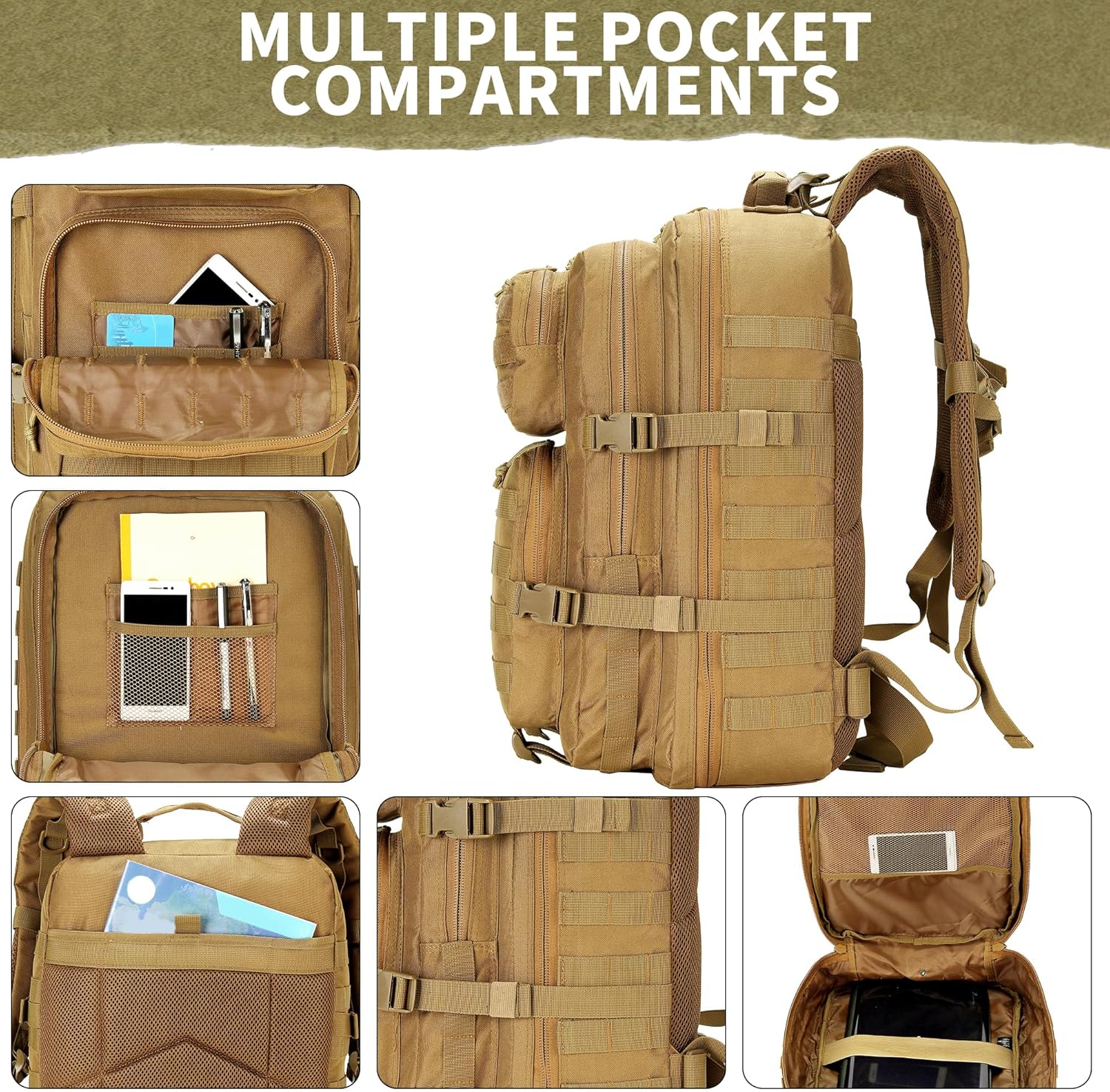 Skiennix 45L Military Tactical Backpack - Durable 3-Day Assault Pack for Hiking & Fitness (Khaki)