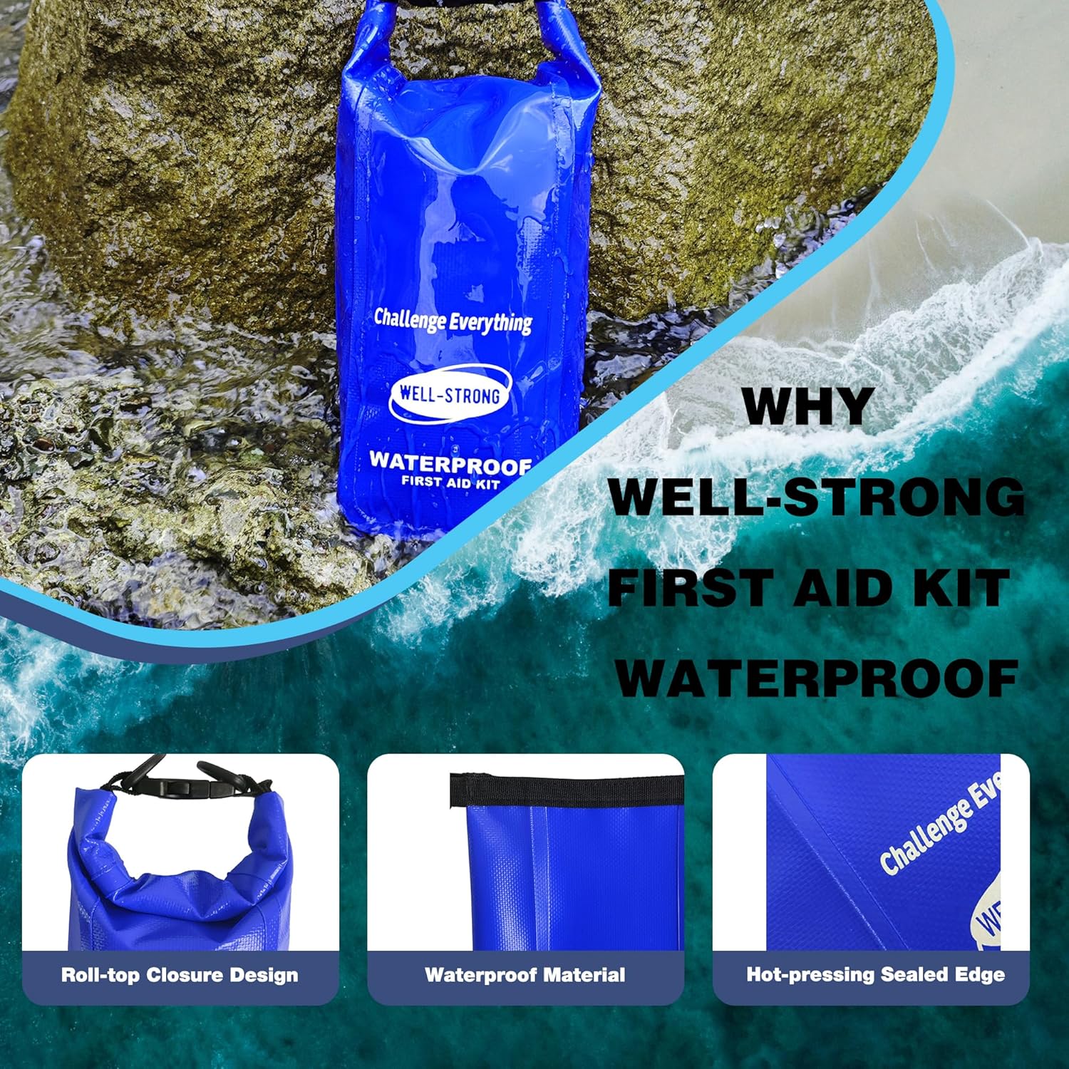 Boat First Aid Kit - 123pcs Waterproof Emergency Marine Safety Accessories for Fishing & Boating | Compact Blue