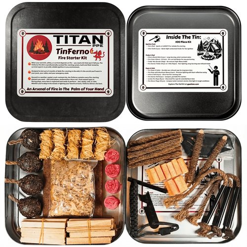 TITAN PPE TinFerno Fire Starting Kit – 100pc Fire Starter for Campfires, Ferro Rod, Magnesium Flint, Char Cloth, Fatwood, Wax Rope, Hemp Wick, Camping, Hiking, Bushcraft & Gift - Emergency Fire Kit
