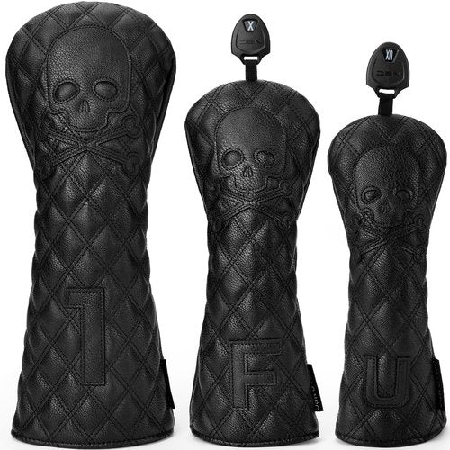 Kimpengofu Skull and Crossbones Golf Club Head Covers Skeleton for Hybrid Soft Synthetic PU Leather Diamond Pattern Design Headcovers with Number Tag (Black Hybrid Cover)