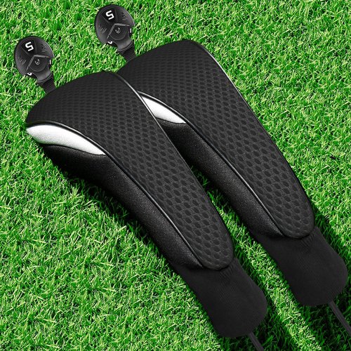 FINGER TEN Golf Club Head Covers Woods Hybrids 1/2/3/4 Pack, Headcovers Men Women 3 5 7 X with Interchangeable Number Tag, Fit All Wood Hybrid Clubs (2 Pack-Black Hybrid Cover)