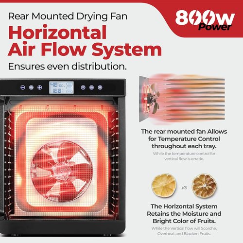 Magic Mill Food Dehydrator Machine - 800W with 15 Extra-Large Stainless Steel Trays | Digital Timer & Temperature Control
