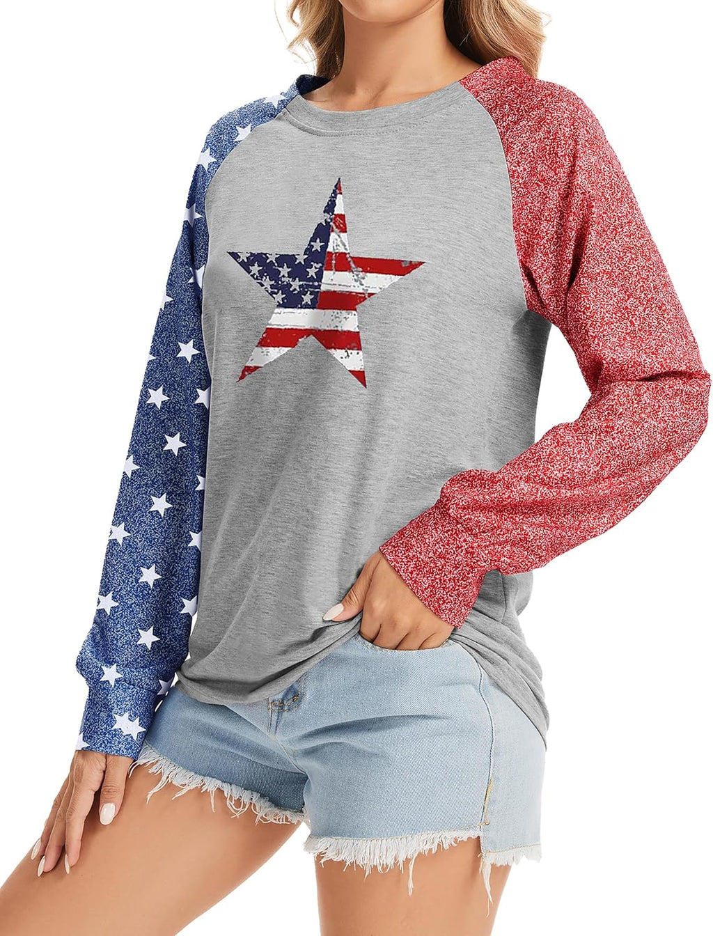 TSMNZMU Women's Star Print Colorblock Shirt - Long Sleeve American Flag Blouse for 4th of July Celebrations