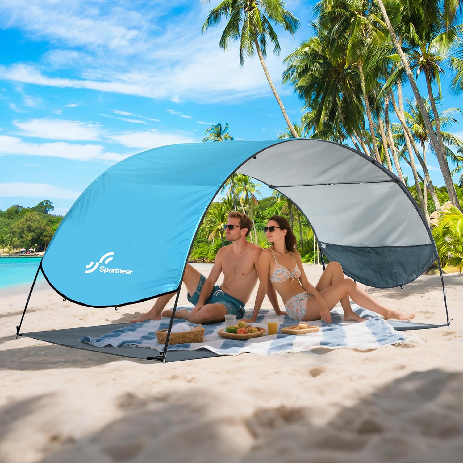 Sportneer Beach Tent | UPF 50+ UV Protection Canopy for 2-3 People | Easy Setup with Wind Ropes & Stakes | 96.5''x55.7''