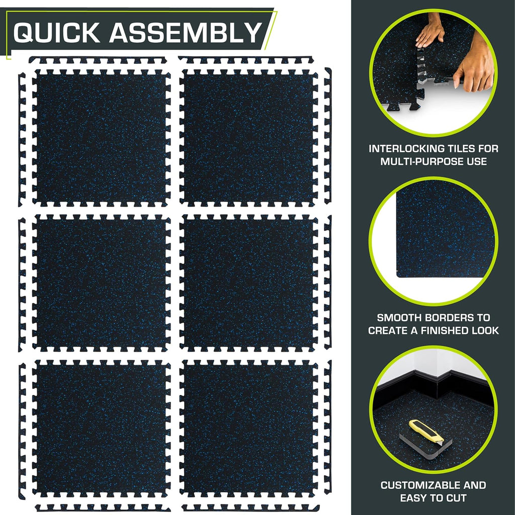 ProsourceFit Rubber Top Exercise Mat - 3/4-Inch Thick EVA Foam | 24 SQFT Interlocking Tiles in Blue