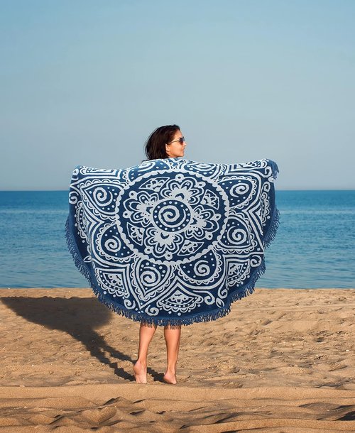 COTTON CRAFT Round Beach Towel Blanket - Plush 100% Cotton 5-Foot Boho Mandala Design - Blue with Fringe
