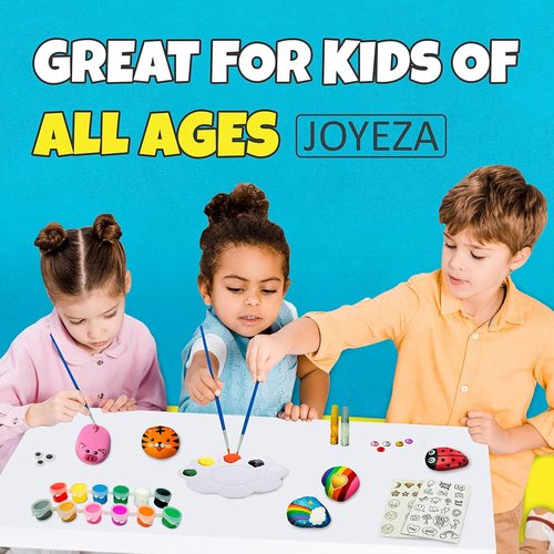 JOYEZA Rock Painting Kit Deluxe - Arts and Crafts Set for Kids Age 6+ | 12 Waterproof Rocks & Paints