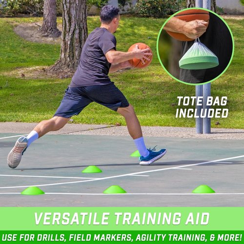 GoSports Premium Agility Training Cones - 20 Pack with Tote in Vibrant Colors: Orange, Green, Pink, Yellow, Red
