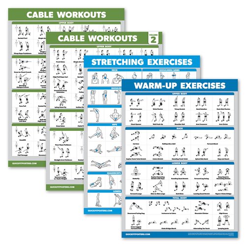 Palace Learning 4 Pack - Cable Machine Workout Posters Volume 1 & 2 + Stretching Exercises + Warm Up Exercises (LAMINATED, 18" x 24")