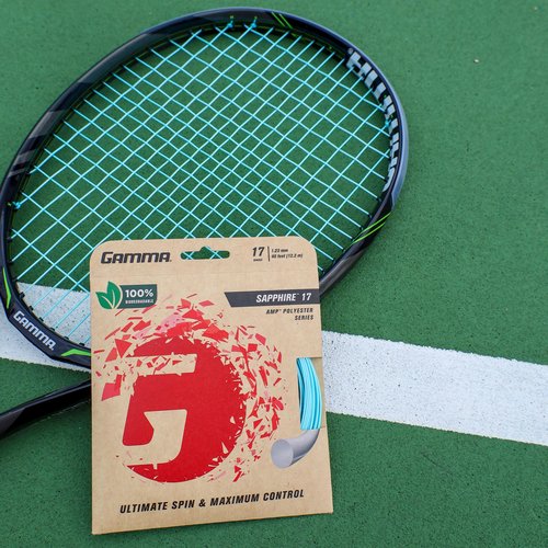 Gamma Sapphire Tennis String Reel, 40 Ft Earth-Friendly Tennis Racket Strings with AMP Copolyester Technology for Effortless Spin and Precision, 16 and 17 Gauge Options, 17 Gauge