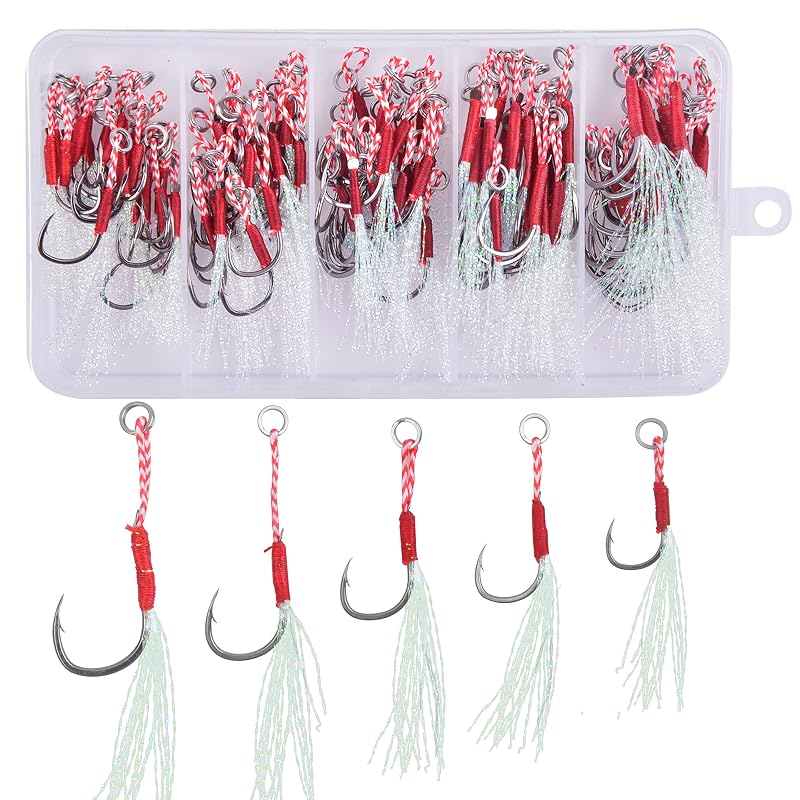 AGOOL Micro Jig Assist Hooks 100pcs #11-#15 with Flash Tinsel in Plastic Box