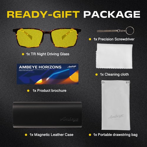 AMBEYE TR90 Square Tortoiseshell Frame Night Driving Glasses with Yellow Polarized Lens - Anti-Glare UV Protection for Drivers, Cycling & Outdoor Activities, Lightweight TR Frame Eyewear