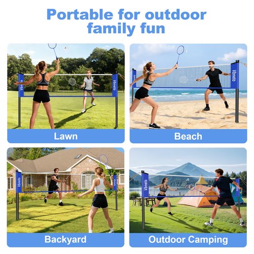 Vbneto Badminton Set, Portable Outdoor Anti-Sag System – Official 20ft x 5ft Easy Setup Durable Net with 4 Rackets, 3 Shuttlecocks & Carry Bag for Backyard, Lawn or Beach Fun