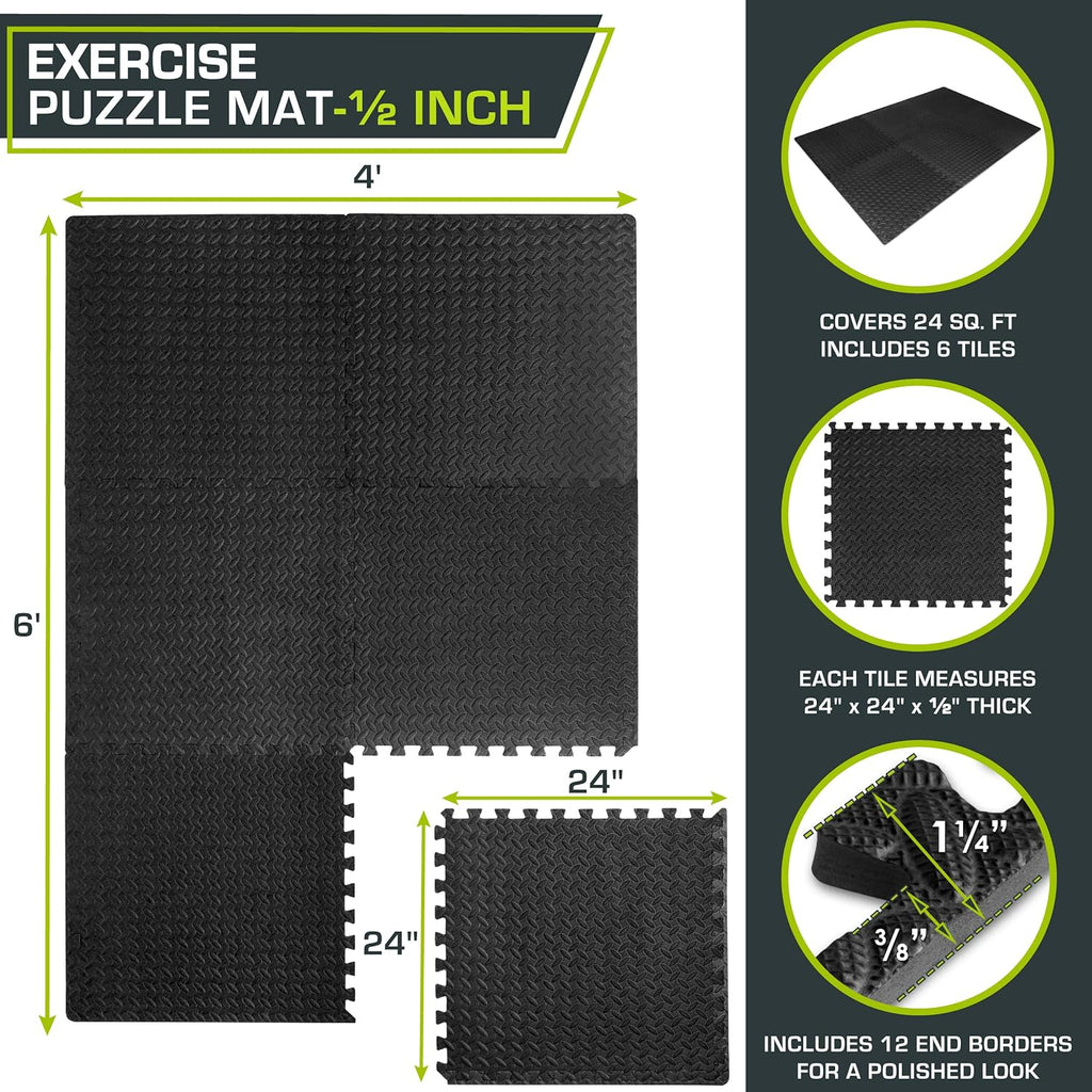 ProsourceFit Puzzle Exercise Mat - Interlocking EVA Foam Tiles for Home Gym | Black, 24" x 24" - 6 Tiles