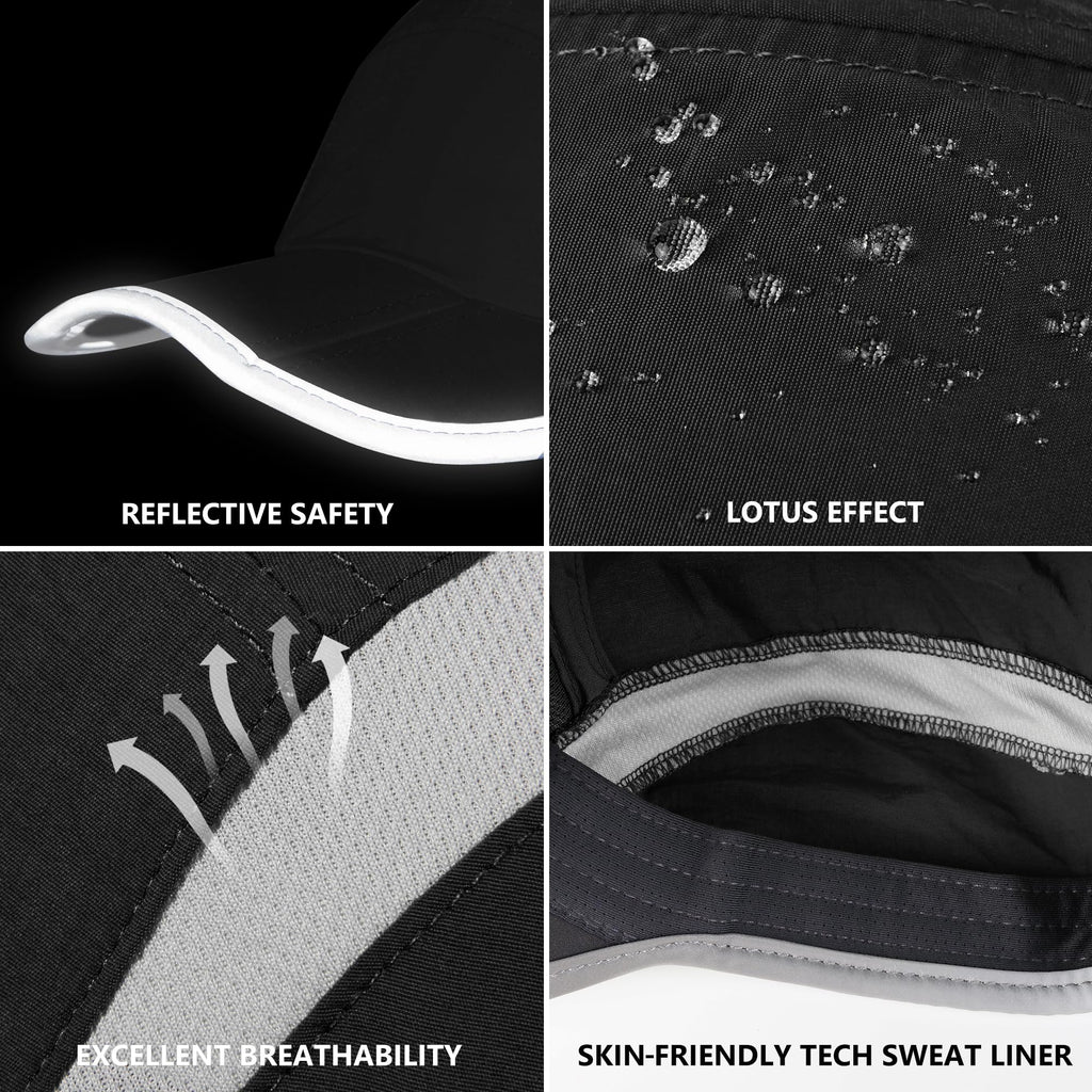 GADIEMKENSD Foldable Run Hat Reflective Baseball Cap Quick Drying Sports Hat for Men Woman Adjustable 50+ UPF Breathable Mesh Water Repellency Outdoor Race Performance Lightweight Black