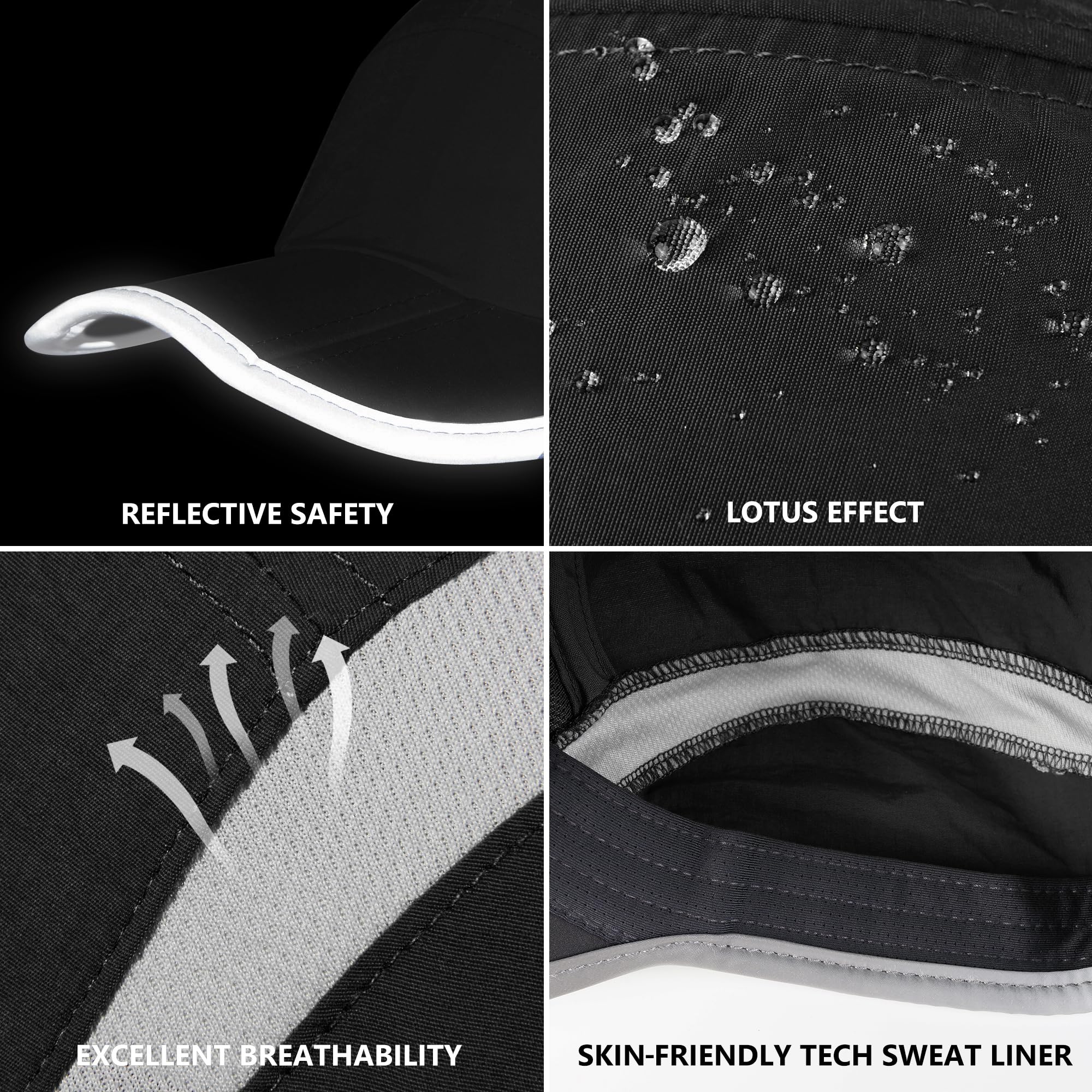 GADIEMKENSD Foldable Run Hat Reflective Baseball Cap Quick Drying Sports Hat for Men Woman Adjustable 50+ UPF Breathable Mesh Water Repellency Outdoor Race Performance Lightweight Black