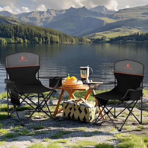 ALPHA CAMP Folding Camping Chairs - Portable Lawn Chairs with Cup Holders | Supports 225 LBS, 2 Pack
