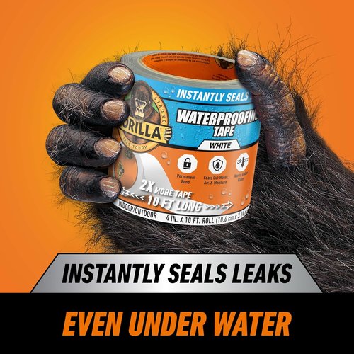 Gorilla Waterproof Patch & Seal Tape - 4" x 10' White Tape for Permanent Weather-Resistant Repairs