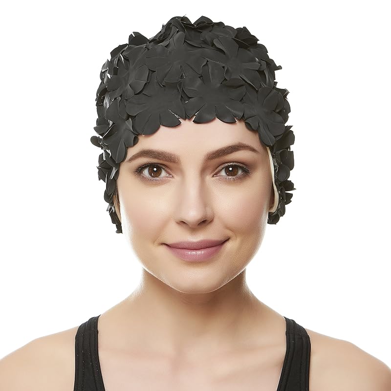 Beemo Floral Petal Swim Cap for Women - Retro Latex Hair Taper Ear Protection, Black Variation
