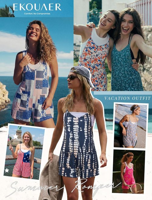 Ekouaer Summer Casual Rompers for Women - Sleeveless Boho Jumpsuit with Pockets | Stylish Shorts Design