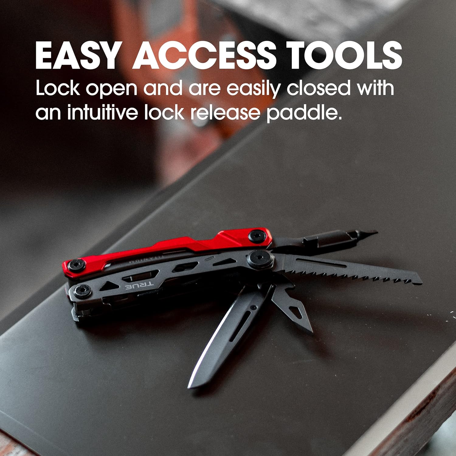 True Utility TI Locking Pocket Multi-Tool - 8-in-1 EDC Tool Kit with Titanium Nitride Frame | Silver/Red