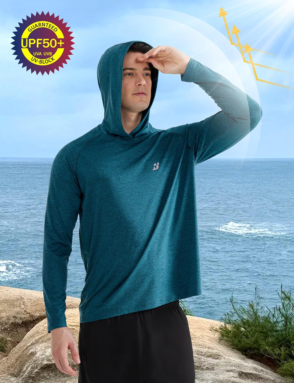Roadbox Men's Fishing Shirt - UPF 50+ Long Sleeve UV Protection Hoodie | Quick-Dry Swim Rash Guard