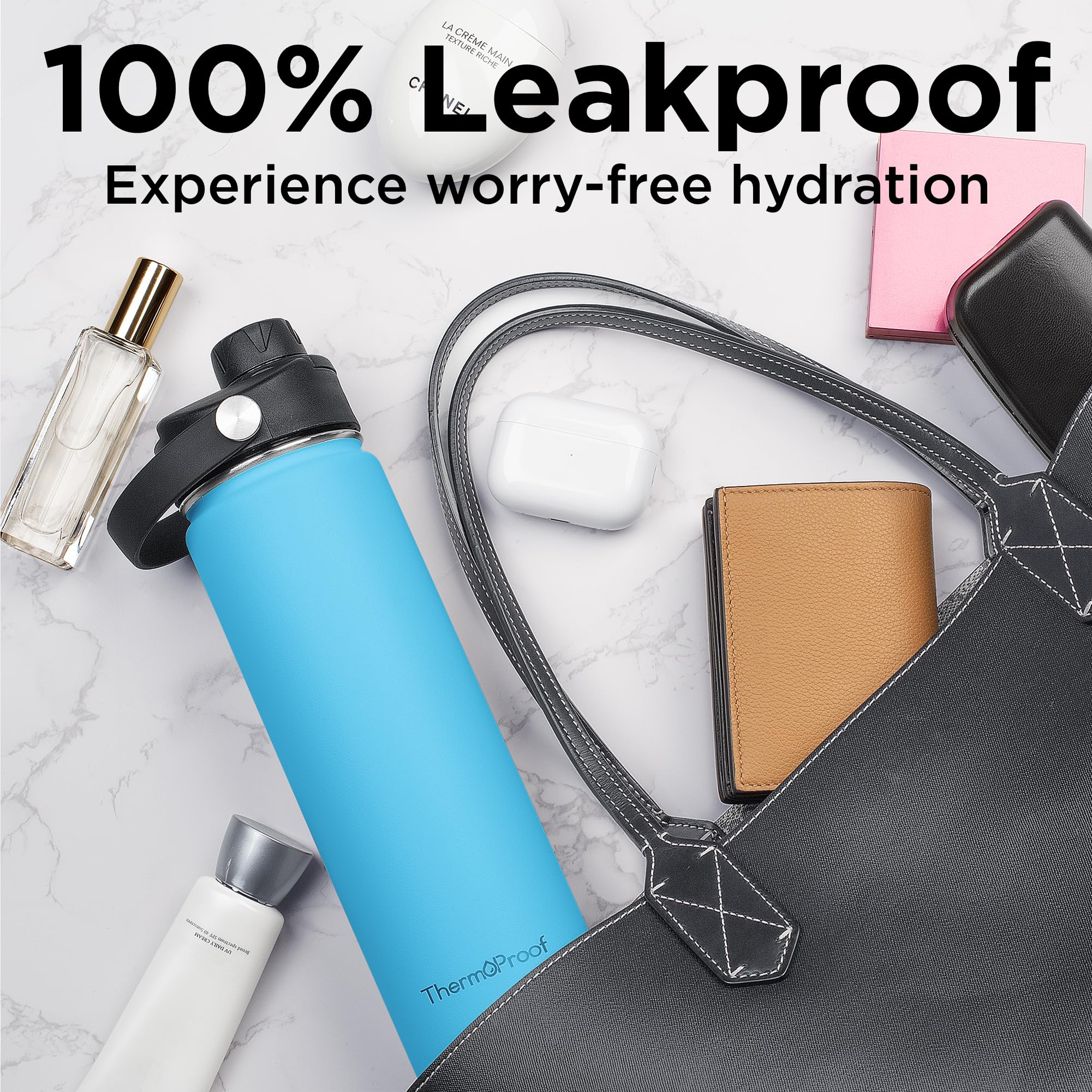 ThermoProof Double-Walled Vacuum Insulated Stainless Steel Water Bottle - Wide Mouth with Chug & Spout Lids, Dishwasher Safe, Reusable, Leakproof, Hot & Cold for Men, Women & Kids - 22oz, Light Blue