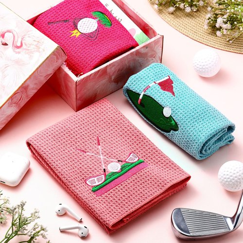 Moukeren 3 Pieces Funny Golf Towels Golfer Gifts for Adults Embroidered Golf Funny Accessories Stuff with Clip for Adults Golfer Fan Bags Powder Room(Light Pink, Rose Red, Sky Blue,Women Style)