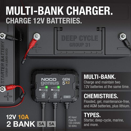 NOCO Genius GEN5X2 Onboard Battery Charger - 2-Bank, 10A, Waterproof, Overcharge Protection for 12V Batteries