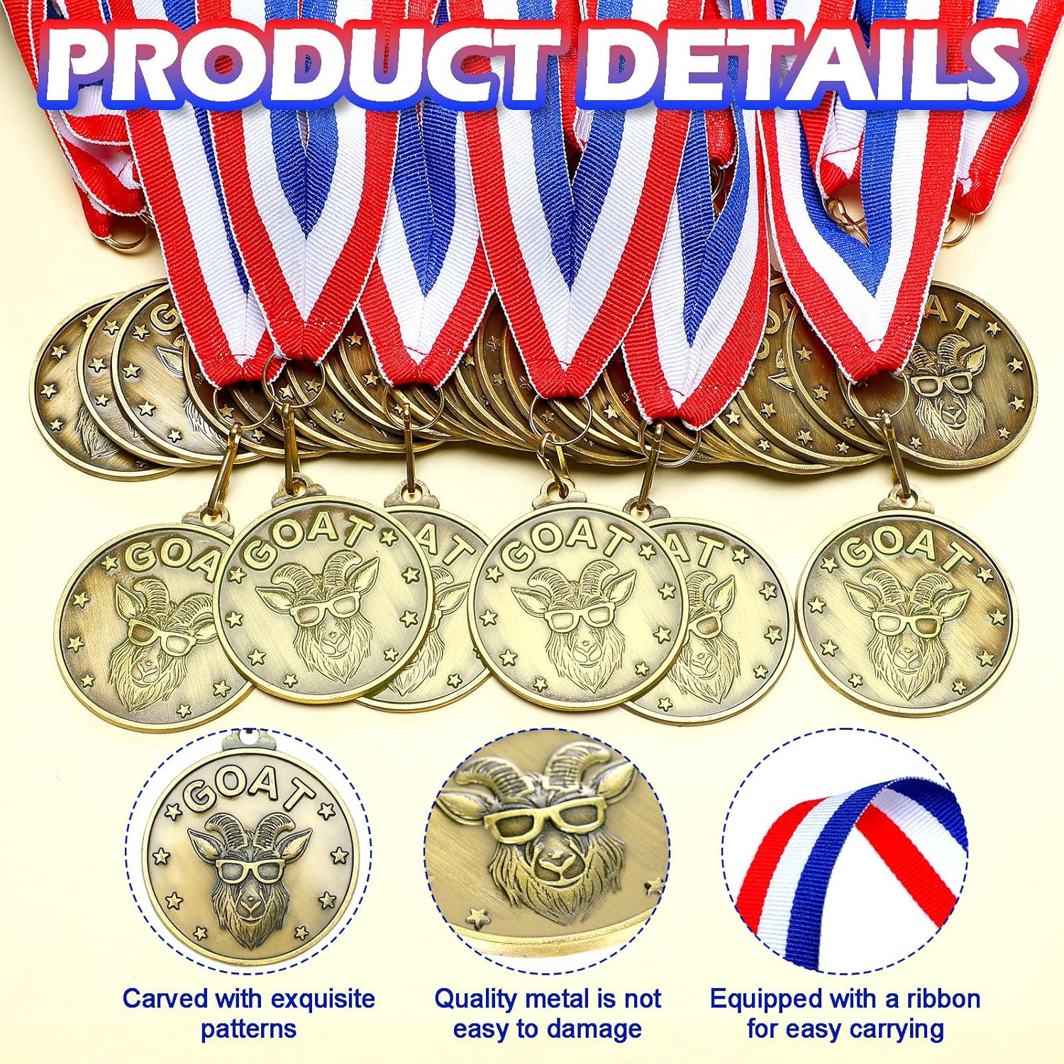 Remuuly Goat Medals - 30-60 Pcs MVP Awards with Neck Ribbon | Gold Champion Trophies for Sports Events