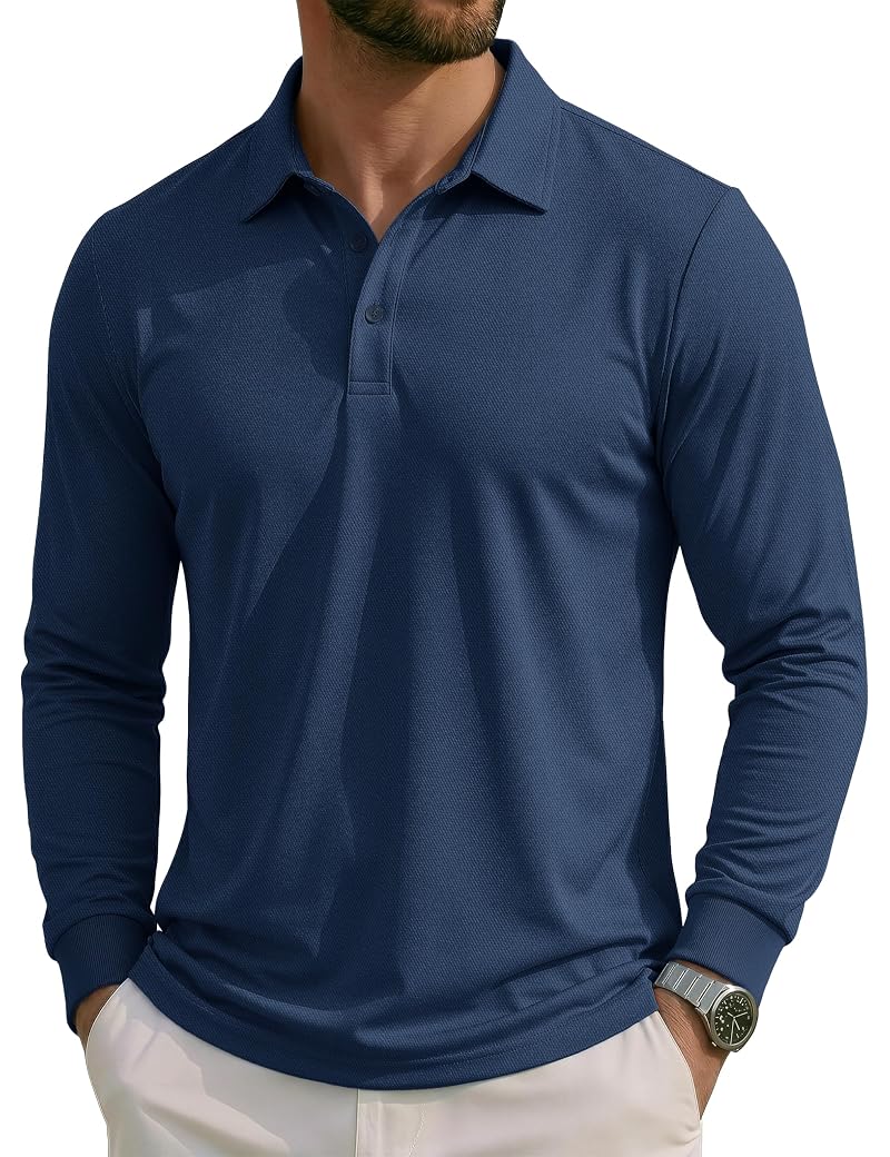 Magcomsen Mens Long Sleeve Polo Shirt - Breathable Athletic Golf Style Navy Large