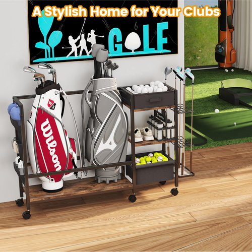 Golf Bag Storage Organizer for Garage, Golf Organizer with Extra Golf Rack and Side Fabric Bag for 20 Golf Clubs & Golf Essentials, Golf Bag Stand for Golf Bag Accessories, Ideal Golf Gifts for Men