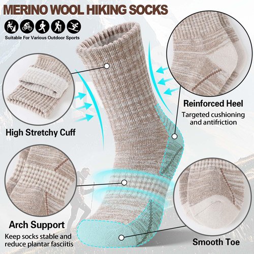 Sandsuced Merino Wool Hiking Socks Thermal Warm Winter Cozy Outdoor Crew Socks 5 Pairs Gift Stocking Stuffers for Women Men(Black/Khaki/Gray,L)