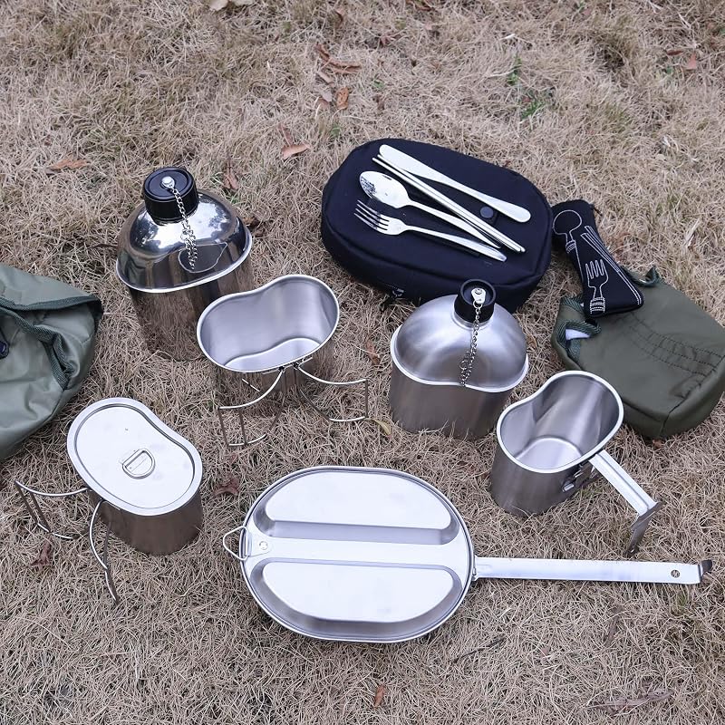 GI Type 304 Stainless Steel Mess Kit Plate Set with Utensils – Camping Dinnerware, Outdoor Eating Kit