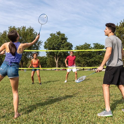 EastPoint 2-in-1 Volleyball & Badminton Set - Black Steel Poles - Adjustable Height for Backyard Games - 4 Rackets & 2 Shuttlecocks for Lawn Games - Volleyball & Pump for Outdoor Sports
