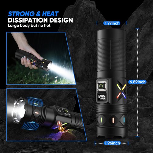 erbrigtli Flashlights High Lumens 10000 Rechargeable, Super Bright 50W LED, Long Running 15 Hours, USB C Input & USB Output, Zoomable 3 Modes, Powerful Strong Flash Light for Home Hiking Camping