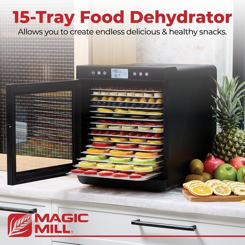 Magic Mill Food Dehydrator Machine - 800W with 15 Extra-Large Stainless Steel Trays | Digital Timer & Temperature Control